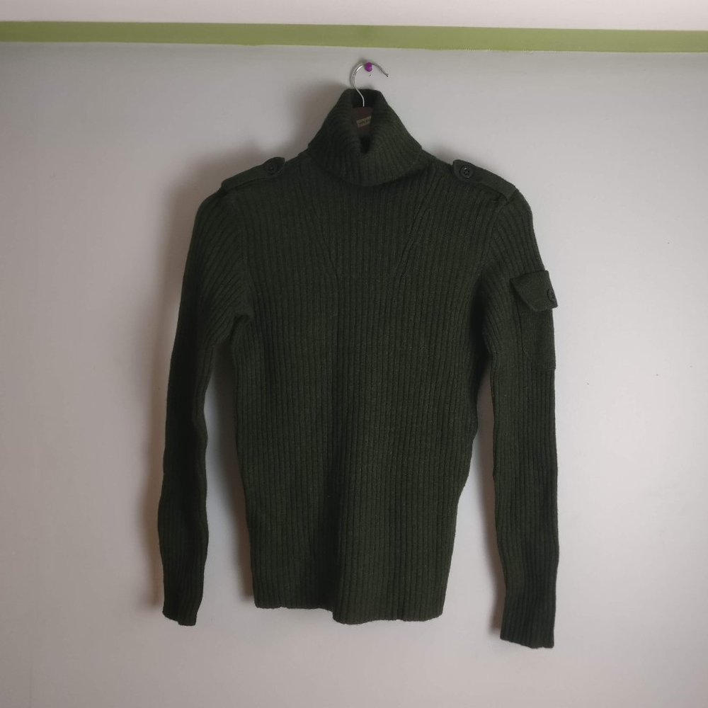 Army Green 100% Merino Wool Military Cargo Turtleneck Sweater, Forest Green, M